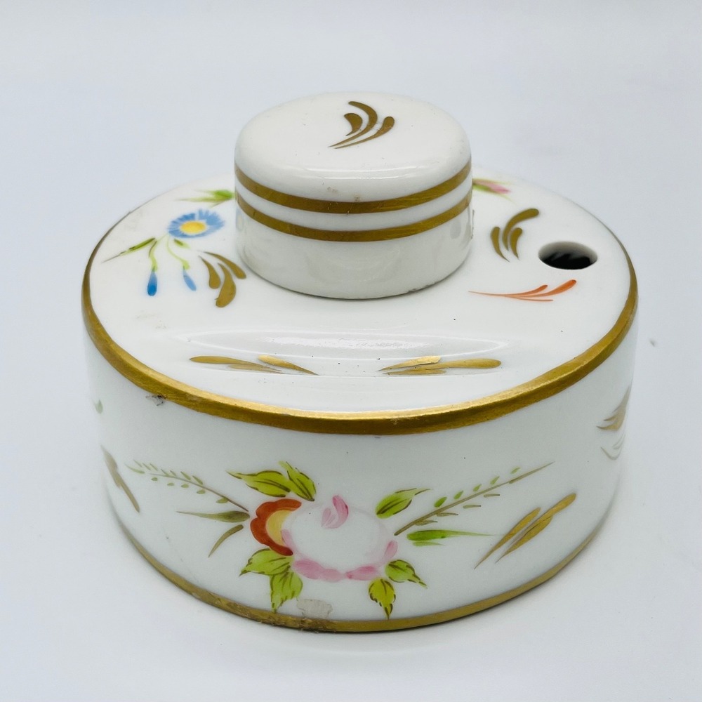 French Hand Painted Floral Porcelain Inkwell Gold Gilt Desk Accessory Old Paris - Picture 2 of 4